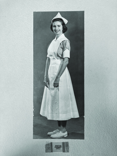 Helen Hirt, a junior at the time, in her student nurse uniform in 1953